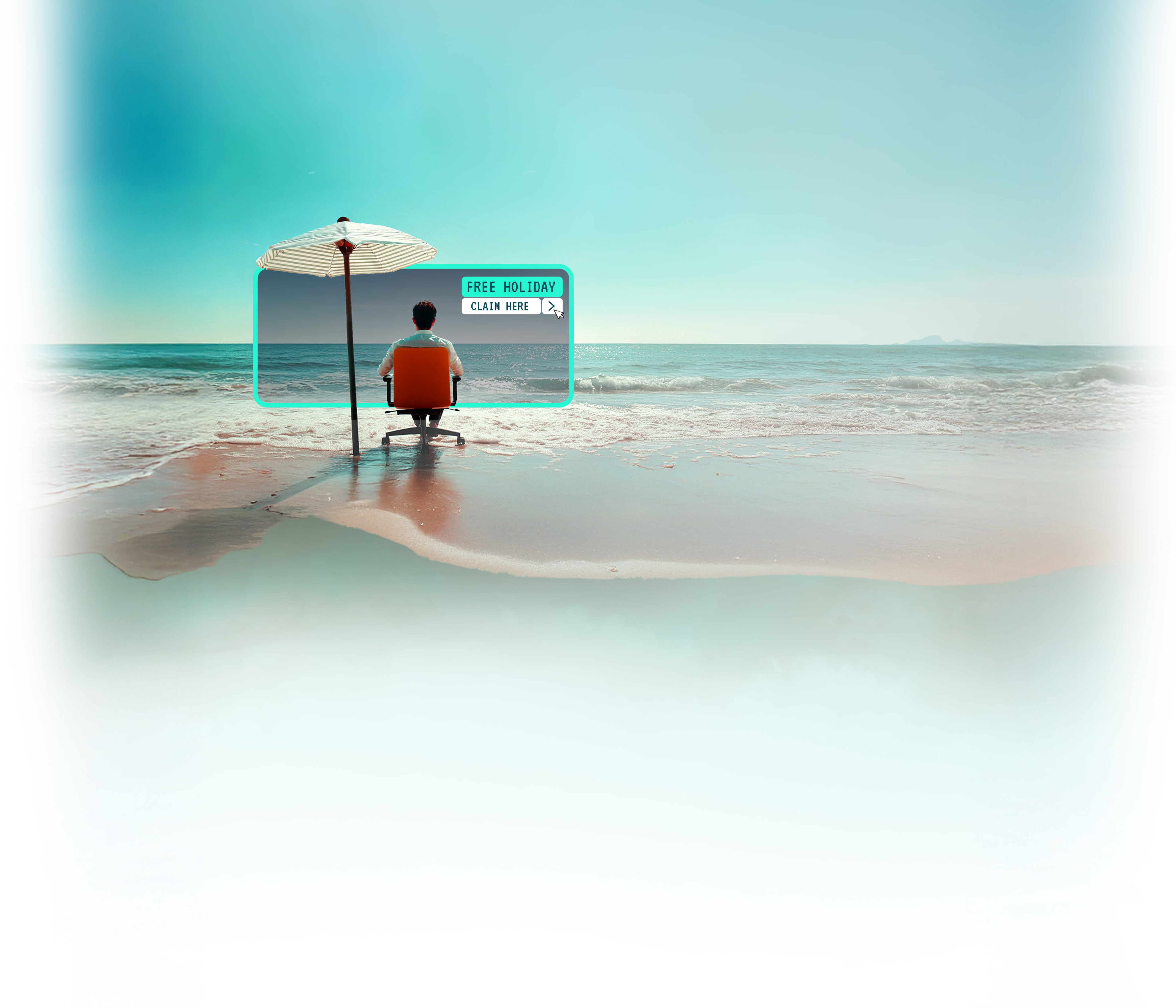 Man sitting in office chair on beach.