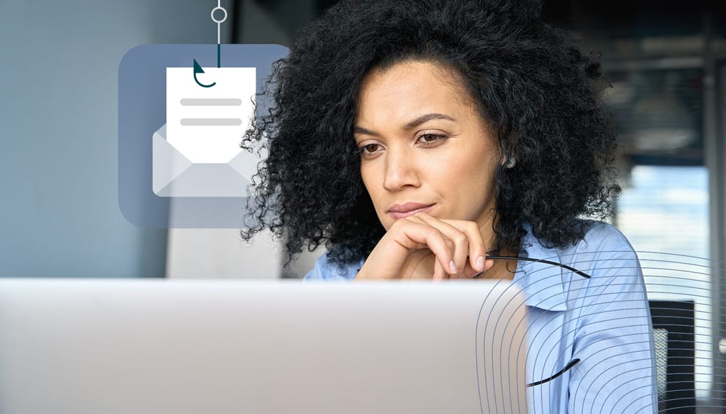 Phishing graphic in the background of business woman reading something on her computer