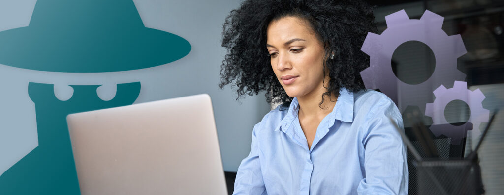 Woman sitting in front of a laptop next to an illustration of a cybercriminal