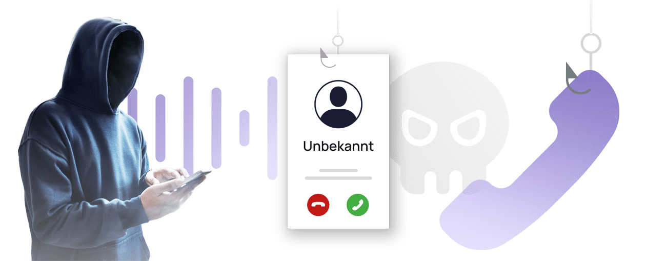 Person mit schwarzem Kapuzenpulli an einem Mobiltelefon neben einer Illustration eines Vishing-Angriffs