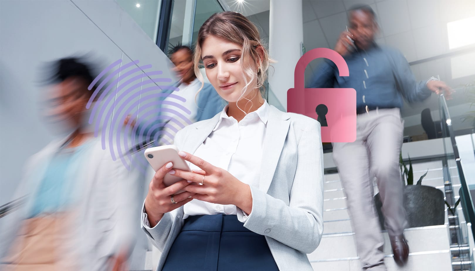 Woman glancing at her smartphone while descending stairs, with a locker and fingerprint graphic appearing as supplementary visual elements in the image.