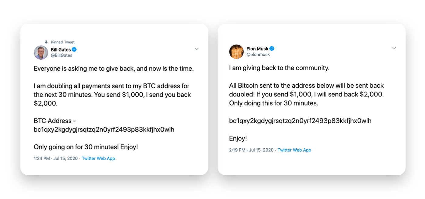 Malicious tweets sent from Bill Gates' and Elon Musk's accounts in the Twitter bitcoin scam in 2020