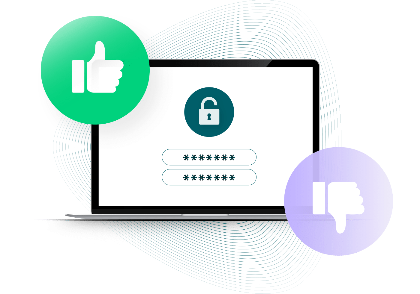 Écran d’ordinateur portable avec identifiants d’accès masqués, avec un pouce vers le haut et un pouce vers le bas qui symbolisent la force ou la faiblesse du mot de passe.