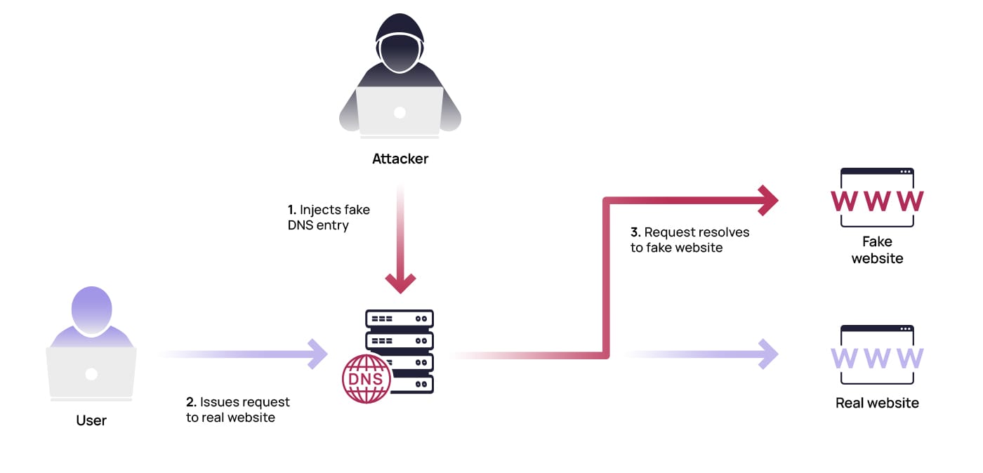 Diagram showing the process of DNS spoofing.