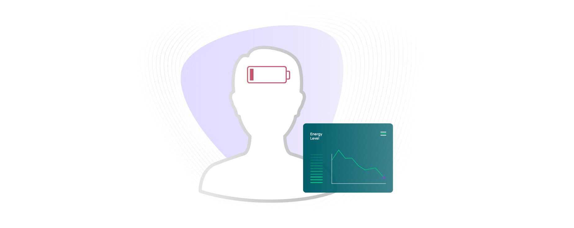 Graphisme représentant le burn-out d’un employé, avec un symbole de batterie vide placé au niveau de son cerveau.