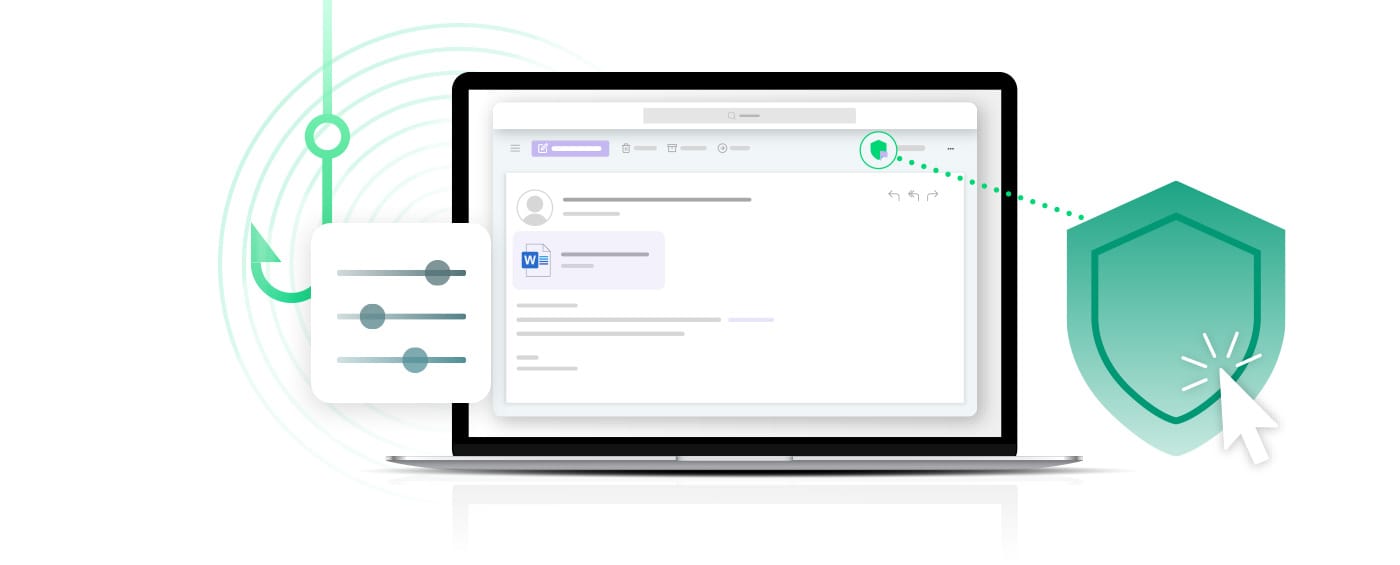 Ein Laptop, der ein geöffnetes Browserfenster mit verschiedenen Oberflächenelementen wie Schaltflächen und Schiebereglern anzeigt. Auf der linken Seite des Laptops befindet sich ein abstraktes Element, das eine Karte mit Kontroll- oder Einstellungsmöglichkeiten darstellt. Auf der rechten Seite zeigt ein grünes Schildsymbol mit einem klickenden Cursor einen Phishing-Meldebutton.