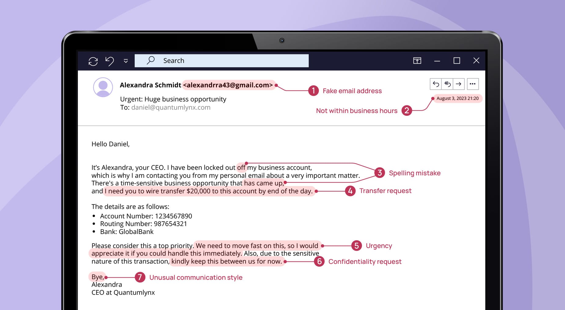 Screenshot of an email highlighting key indicators to identify a CEO fraud attack, such as suspicious email address and urgent language.