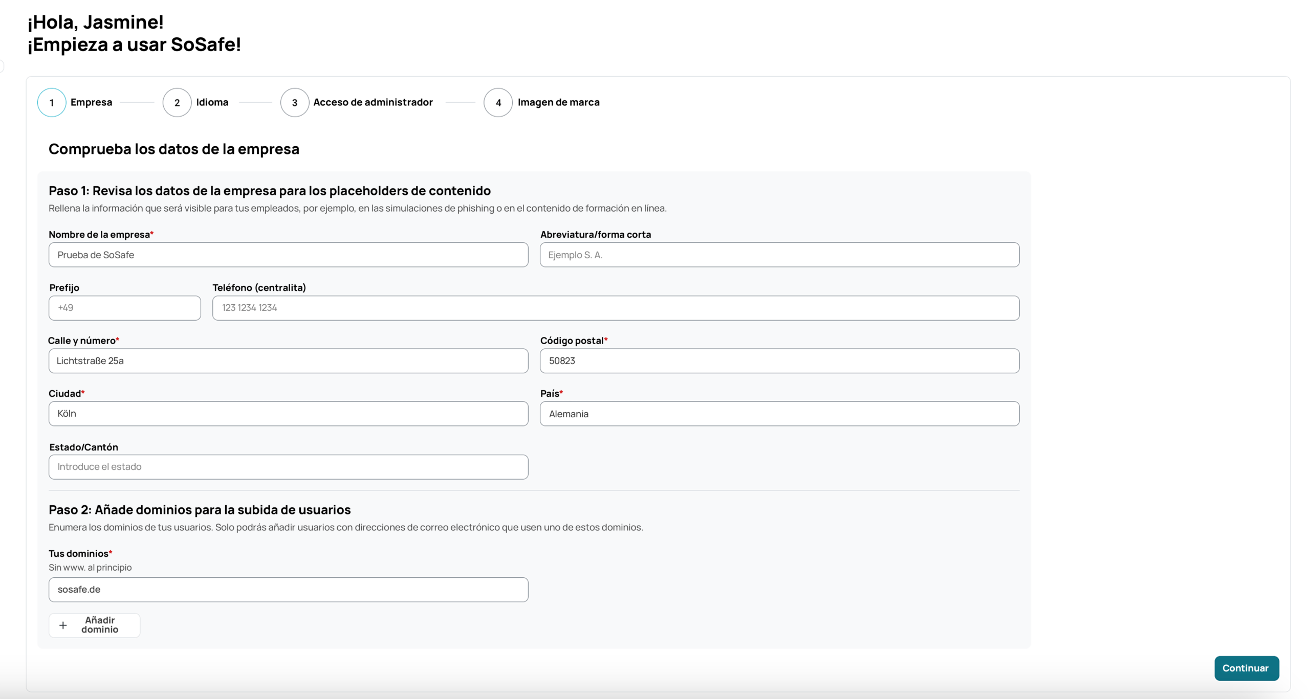 SoSafe Configuración básica del inquilino